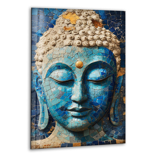 Religion glass wall art features a mosaic Buddha face in tones of blue and gold and is a beautiful piece of Buddha mosaic wall decor