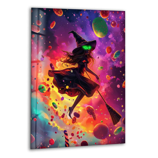 A witch flies through a galaxy of candies, framed by the sharp edges of this hanging wall art.