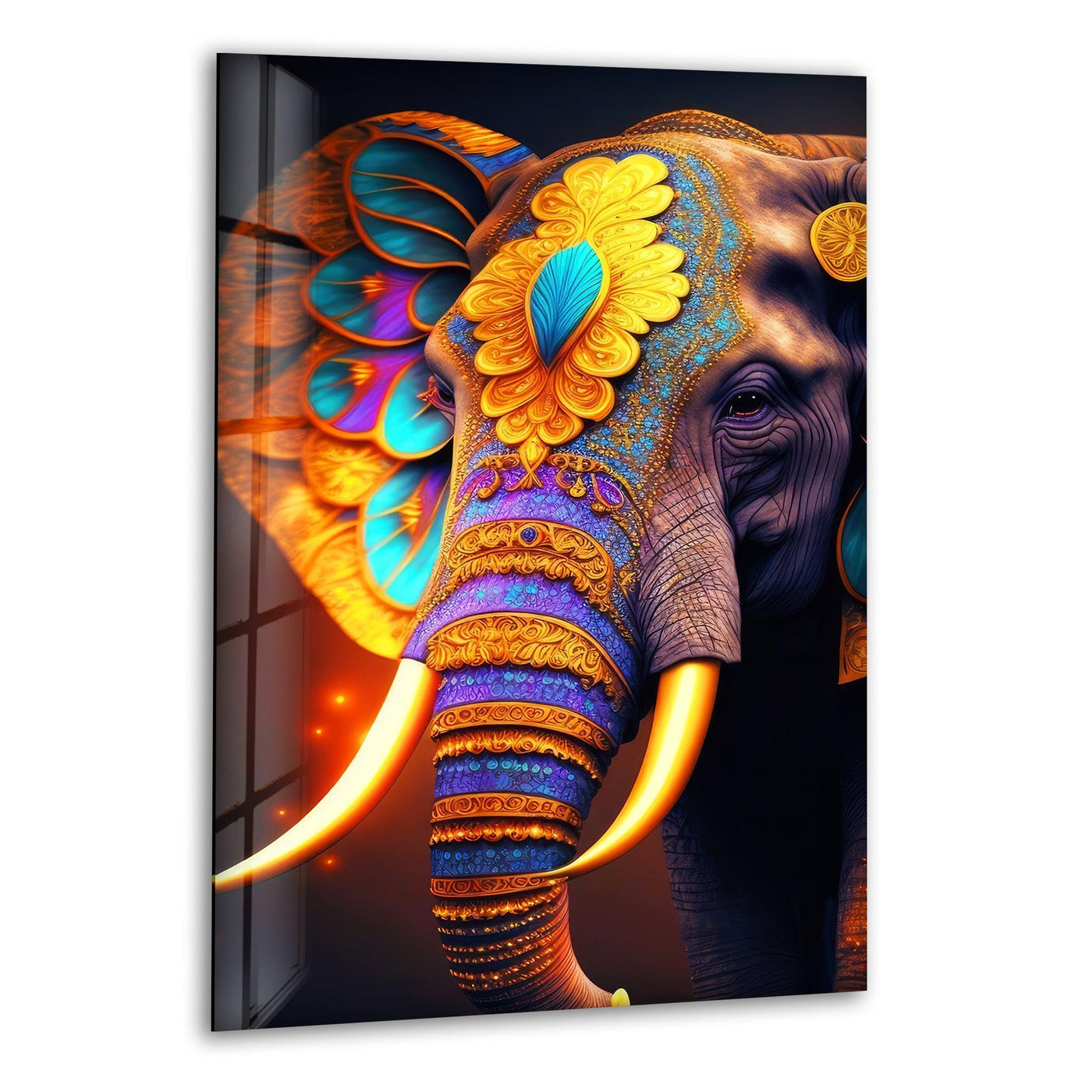 Textured surface shows the best glass art highlighting intricate details on the colorful Indian elephant glass wall art, adding depth to its vibrant design.