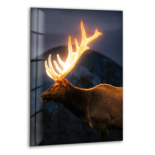 A mystical deer with glowing antlers emerges from darkness as unique modern wall decor.