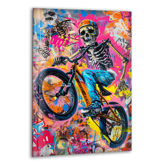 A skeleton biker emerges through a vibrant explosion of pink and orange hues on this striking glass art.