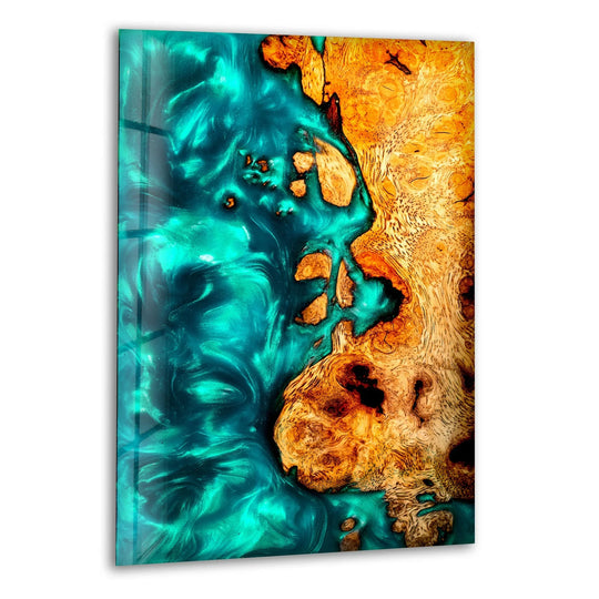 Glossy home decor glass art showcases a vibrant teal resin finish swirled with natural wood grain textures.