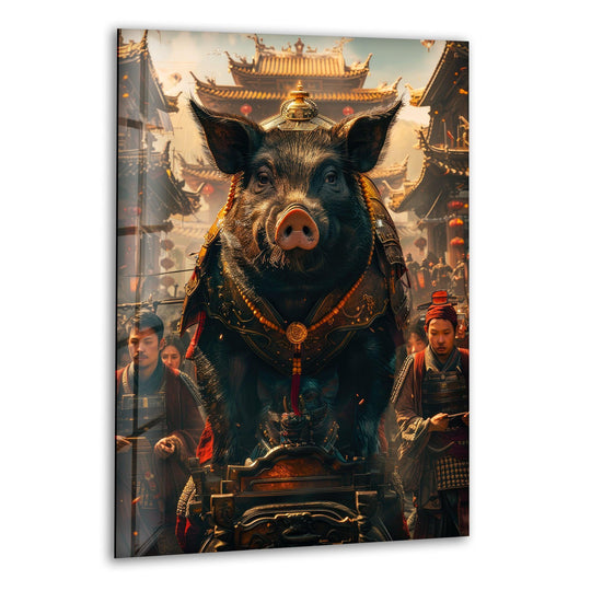 Dominating the foreground, the monumental black earth pig in ceremonial armor is the loudest element of this sacred glass wall art, rendered with 8K UV printing on tempered glass wall art.