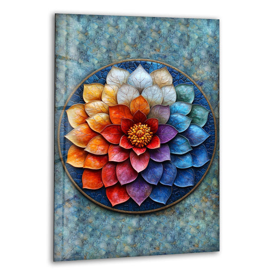 Dazzling floral light dances across a colorful mandala glass hanging wall art with striking shadows.