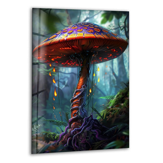 Detailed fantasy mushroom print wall art showcases glowing drops from its cap and roots within a vibrant, mystical forest.