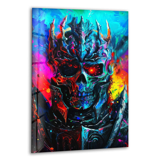 Complex light and shadow define the skull warrior's glass wall art, a bold home decoration that showcases the crown and vividly colorful details.