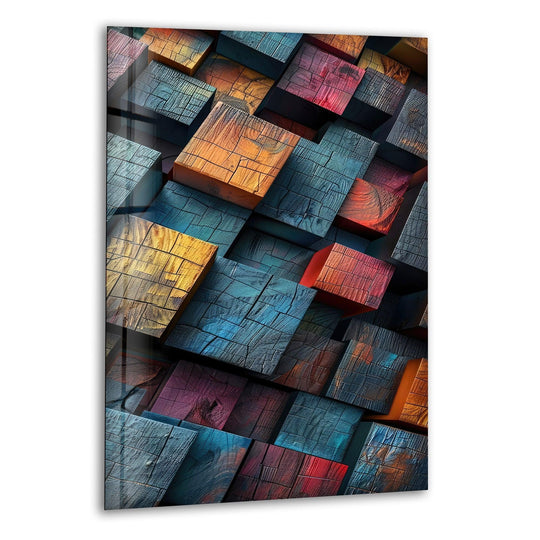 Richly saturated blue, orange, and red wood cubes create a vibrant abstract hanging wall art with a unique dimensional effect.