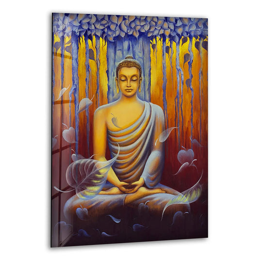 Highlighting the abstract quality, this Buddha painting glass wall art showcases serene meditation with leaves in flowing patterns, making it the best glass art for any room.