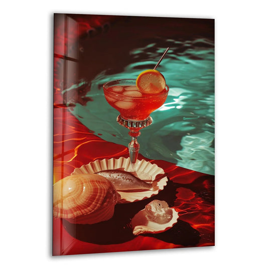 A tall, ornate glass filled with a crimson cocktail rests on a white ruffled dish, showcasing its upright orientation as hanging wall art.