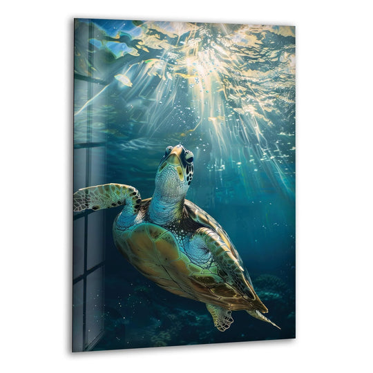 Sunlight streams through the ocean's surface, illuminating the depths behind a sea turtle in this stunning piece of best glass art.