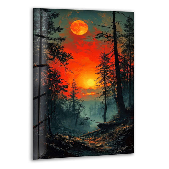 This glass wall art shows a mystical forest sunset landscape and features twin moons with an ethereal fantasy touch perfect as surreal forest sunset decor