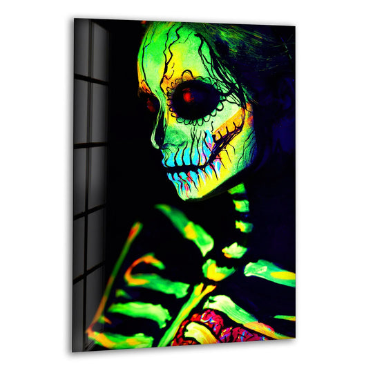 A neon skeleton painted on glass wall art serves as a striking focal point with its vibrant glow.