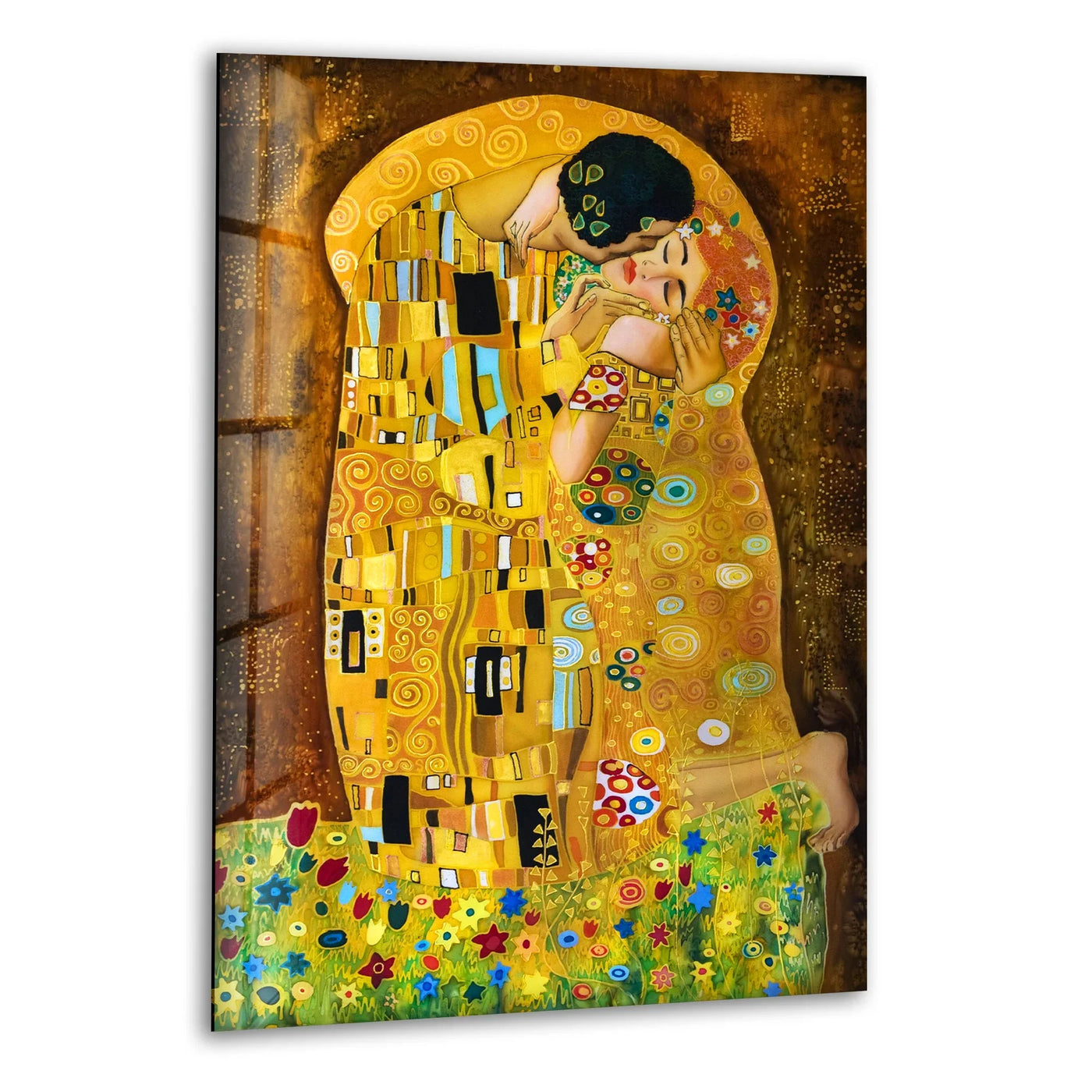 Gustav Klimt's 'The Kiss' glass art painting pops with vibrant jewel tones against a rich, golden background.