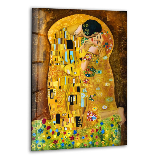 Gustav Klimt The Kiss glass wall art displays a romantic couple embraced within golden floral patterns and offers famous paintings and timeless elegance for your home decor and art collection