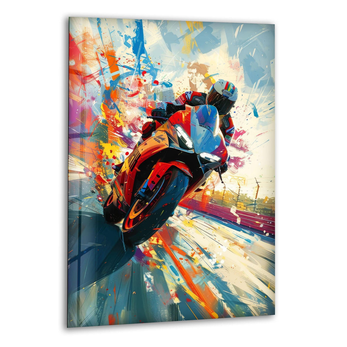 Highlighting the edge and borders, this orange motorcycle rider decorative wall art reveals sleek, frameless construction with a vibrant, splash-painted effect.