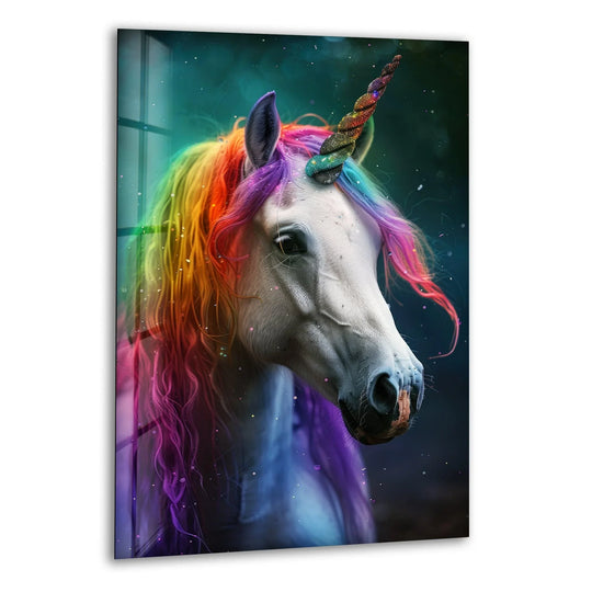 A dazzlingly saturated rainbow unicorn adorns this magical glass art with vibrant hues and sparkling accents.