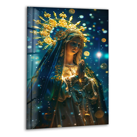 Religion glass wall art blessed mother Madonna in blue and gold with virgin Mary sacred glass artwork and Christian painting
