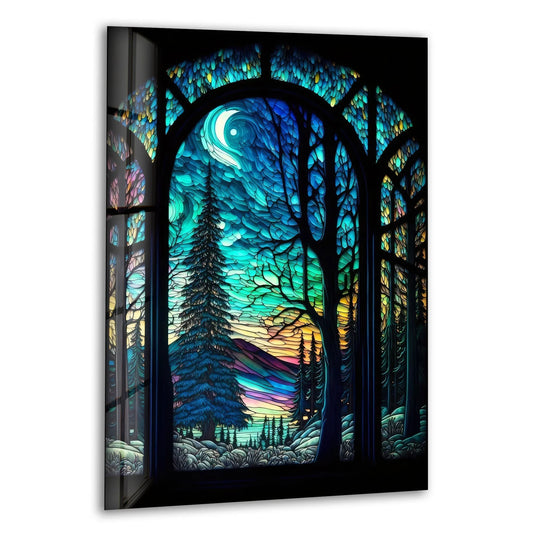 Stained Night Forest glass wall art displays a colorful forest landscape and a moonlit stained night sceneAdd vibrant stained glass artwork for timeless charm and forest wall art