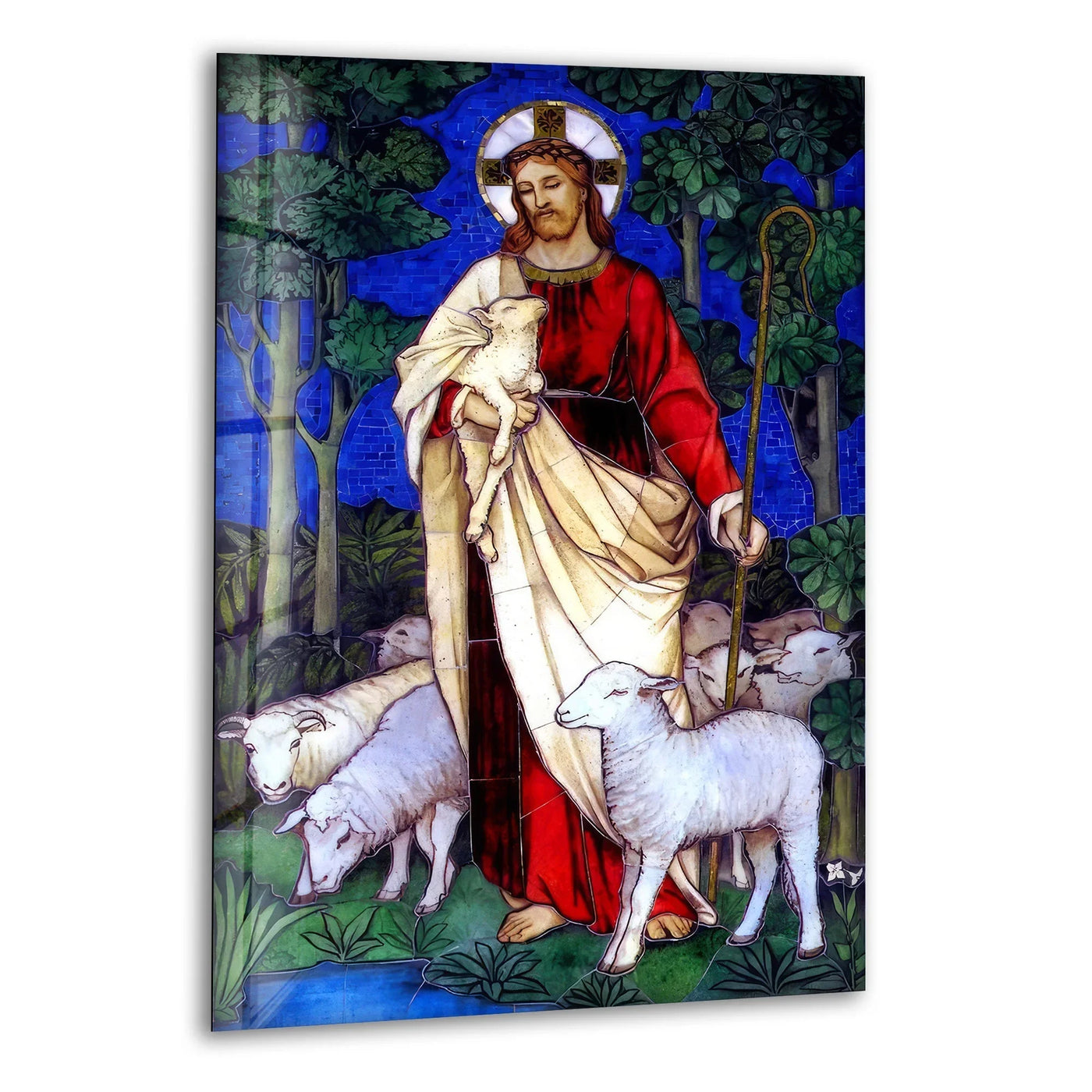 Sharp color contrast highlights this Christian Jesus Cross glass hanging wall art, presenting a vivid depiction of the Good Shepherd surrounded by sheep.