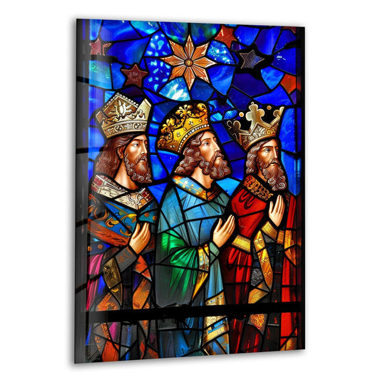 Showcasing the abstract quality of unique modern wall decor, the Three Kings glass wall art features vibrant blues and fragmented forms.