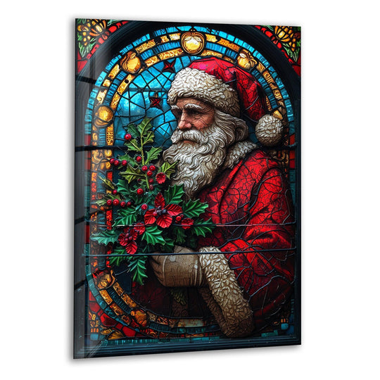 Santa Claus rendered in a stained glass window as detailed glass wall art decor.