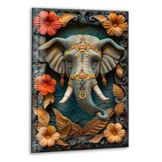 Hindu elephant glass wall art showcases vibrant elephant artwork and religious painting with 8k UV printing for stunning glass wall decor and Hindu art