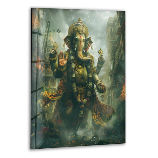 Subtle shifts in hue define the monumental Lord Ganesha Buddha, adding depth to the vibrant glass art against a muted urban background in this glass wall art.