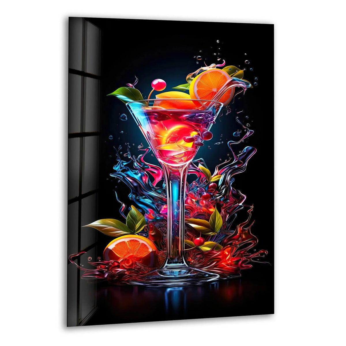 Energetic mood conveyed through the vibrant colors and swirling forms in this fruit mix cocktail glass wall artwork, creating a lively, decorative statement.