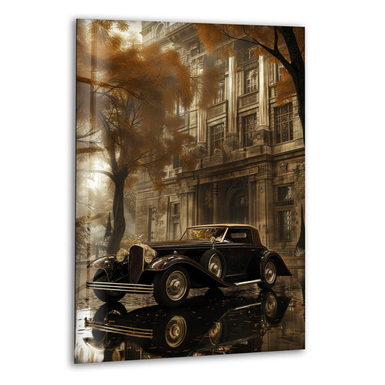 A classic black Ford Lincoln is reflected in the wet pavement in front of a grand building, detailed for the best glass art.