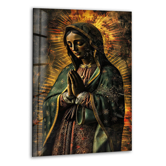 Religion glass wall art of the Lady of Guadalupe with halo design and 8K UV printing as Christian wall decor