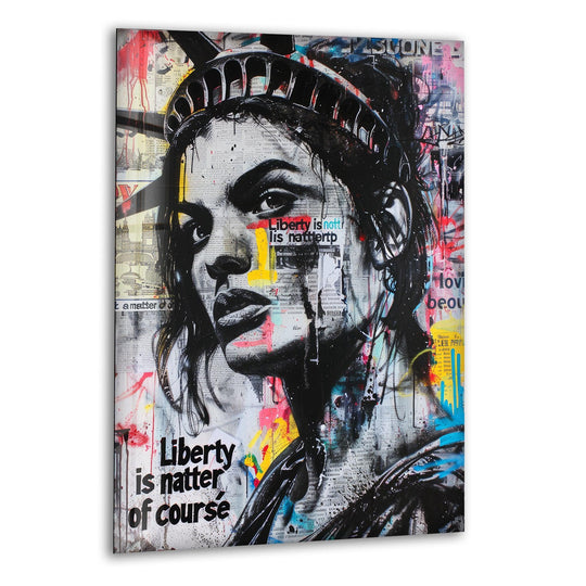 Portrait in black pencil glass wall art depicts a striking close-up of the Statue of Liberty's face, a powerful statement piece for any space.