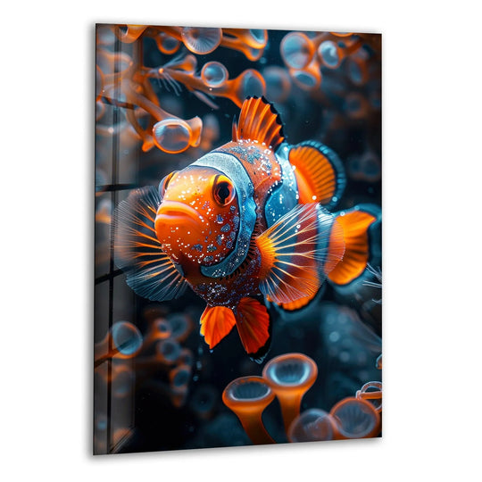 Vibrant orange and deep blue hues dominate this captivating glass wall art print of a clownfish amidst bioluminescent anemones.