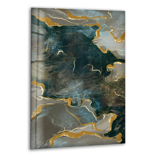 This abstract green and golden alcohol ink glass wall art features bold, liquid-like gold veins that are the loudest element against the deep teal and gray background.