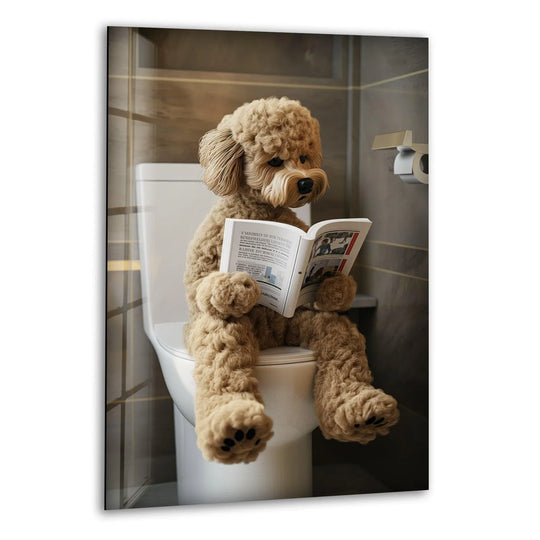 A poodle reads a newspaper in a warm, inviting bathroom, a piece of unique modern wall decor.