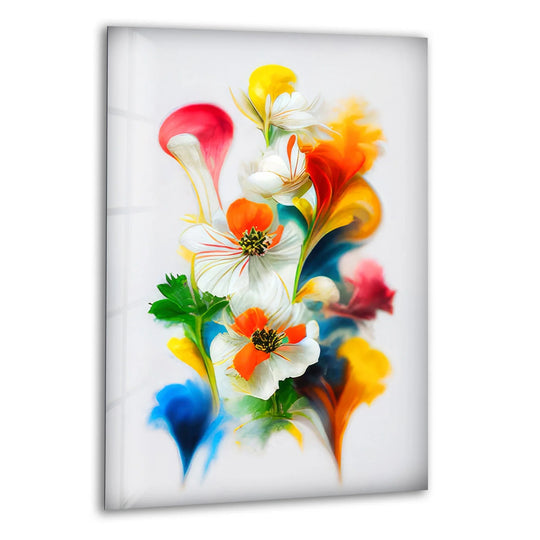 A bright white background highlights vibrant, abstract watercolor flowers in this glass wall art prints piece.