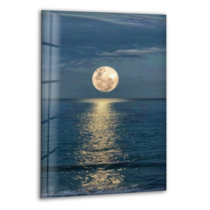 Moon and Sea Night Sunset Glass Wall Art print picture on glass, Tempered Glass Wall Art
