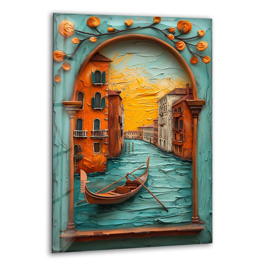 A textured Venice canal scene with a gondola rendered with thick, impasto brushstrokes on tempered glass wall art.