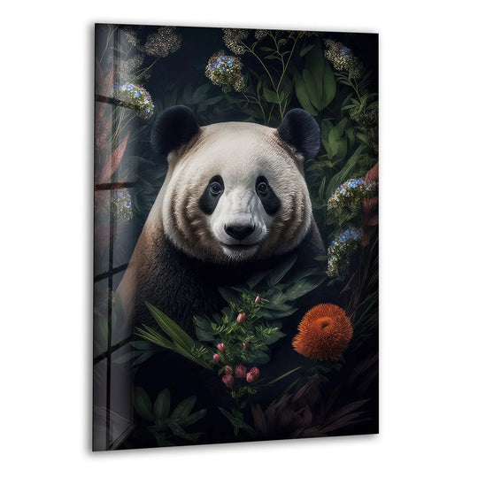 A vibrant orange flower pops against the dark foliage surrounding a panda, enhancing the contrast in this decorative wall art.