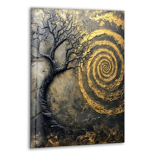 Mysterious dark tree and swirling golden vortex evoke an ethereal mood on this striking glass wall art.