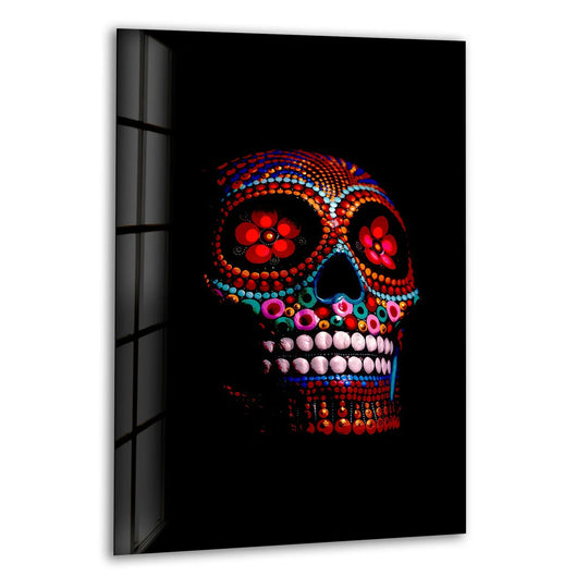 A vertical rectangular unique modern wall decor of a colorful dot-art Mexican skull against a black background.