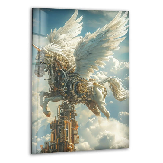 Vertical glass wall art showcasing a steampunk pegasus with intricate mechanical details and large feathered wings against a cloudy sky.