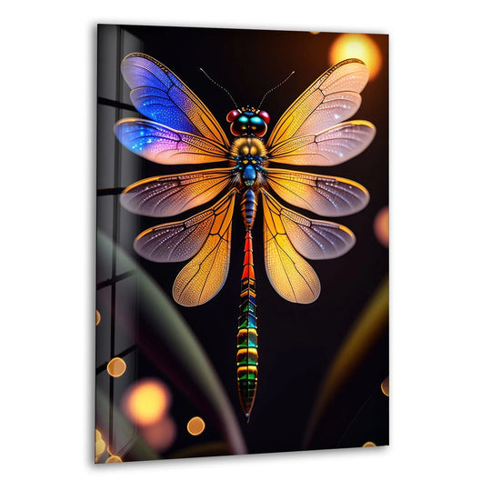 A vivid colored dragonfly, rendered in stunning detail as hanging wall art, features iridescent wings and a segmented, rainbow-hued body.