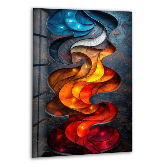 The brightest area of this cool glass art painting features glowing amber and red hues swirling in a fluid design.