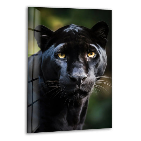 A close-up of a black puma with striking yellow eyes, featured on a vibrant glass art painting.