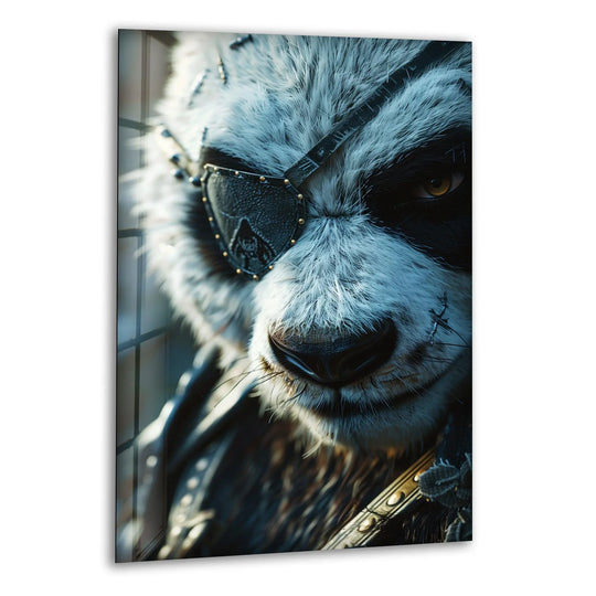 A fierce eyepatch panda's fur seems to swirl with motion on this striking decorative wall art.