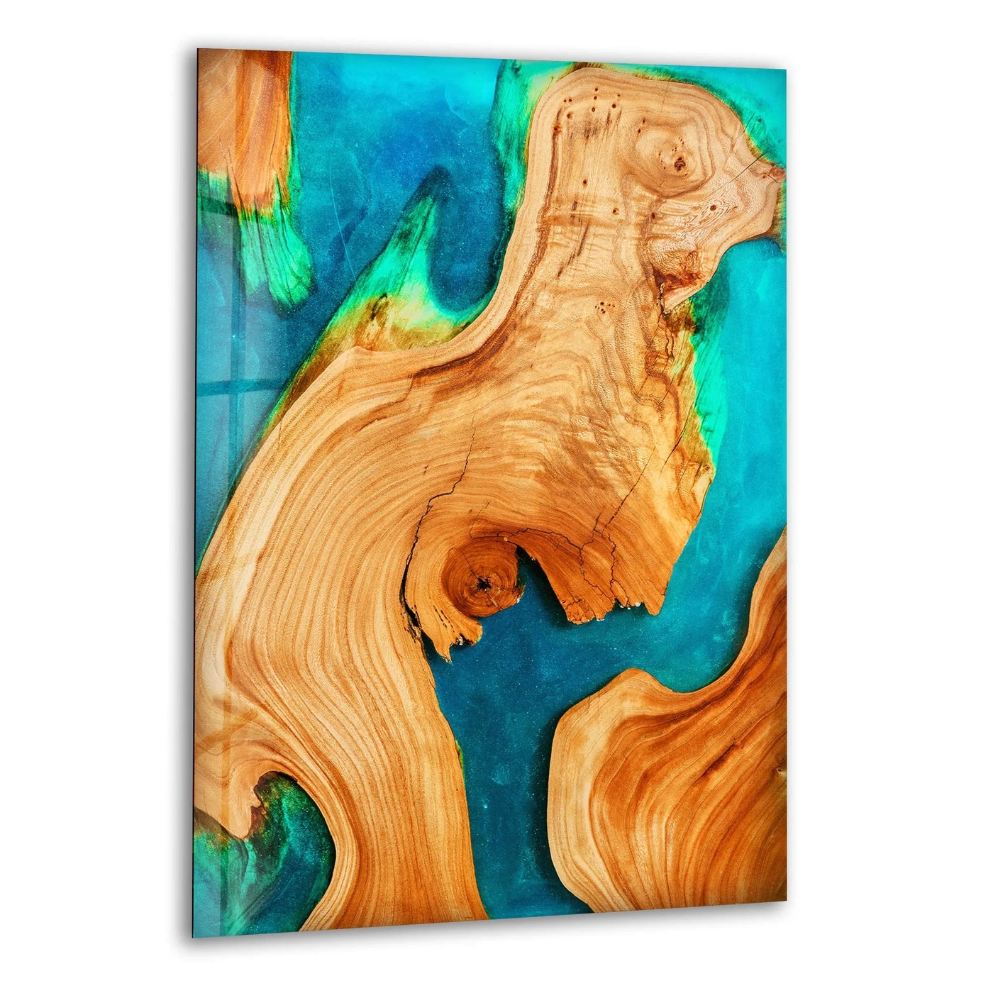 Close-up of natural wood grain embedded in a vibrant glass art painting with swirling blue and green resin.