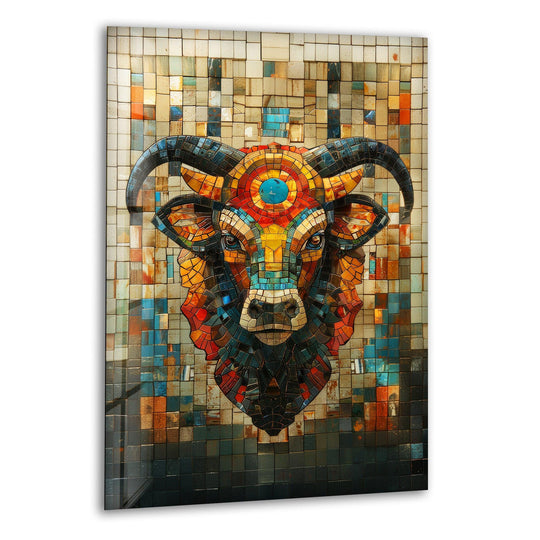 Vibrantly colored decorative wall art features a mosaic bull head with striking blue, orange, and yellow hues.