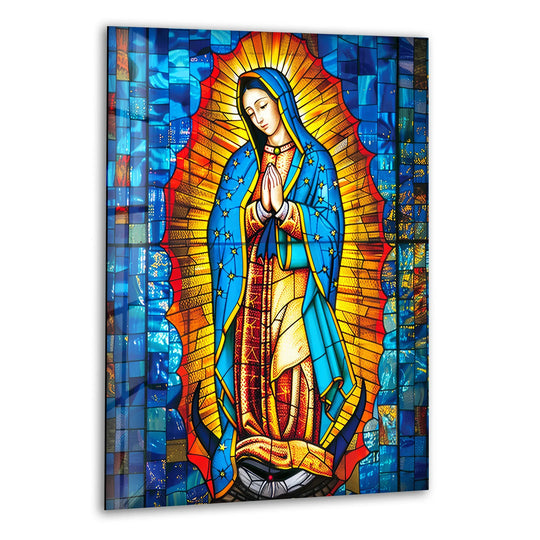 Religion glass wall art of Our Lady and Christian motif and Catholic icon ready to hang decor with Lady of Guadal Art detail