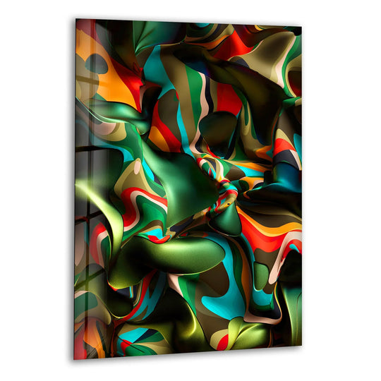 Abstract glass wall art with bold colors and flowing organic shapes with significant negative space on the left.