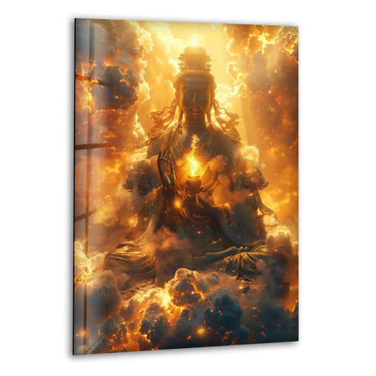 The realistic detail in this 'Buddha on the Cloud' glass wall art prints captures the serene deity amidst swirling clouds in a high-definition religious art piece.
